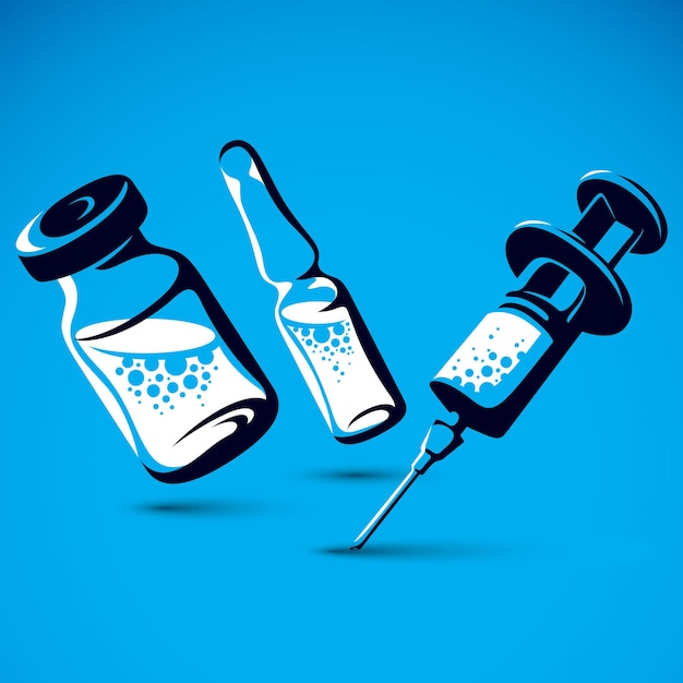 Ilustración gráfica vectorial de botella, ampolla con medicamento y jeringa médica para inyecciones. Concepto de vacunación antivirus.