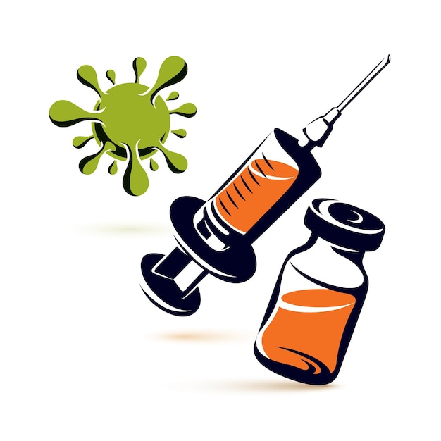 Ilustración gráfica vectorial de botella con medicamento y jeringa desechable para inyecciones para matar un virus. tema vacunación programada