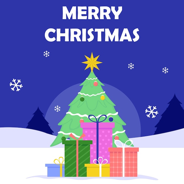 Ilustración gráfica vectorial de la colección de regalos de Navidad en la nieve que muestra un árbol de Navidad