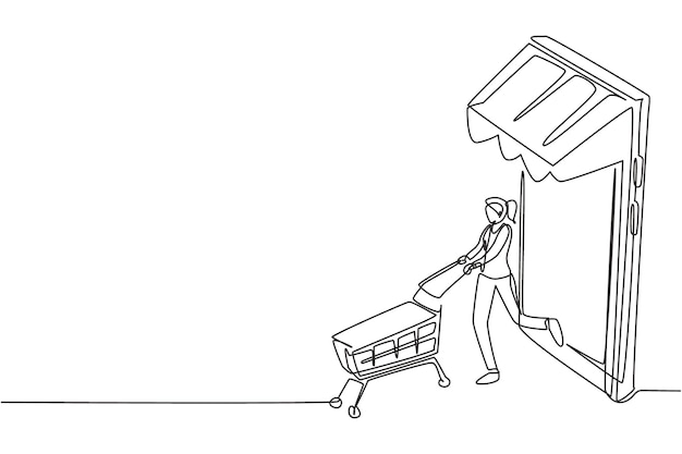 Ilustración gráfica vectorial continua de una línea de una mujer saliendo del dosel de un teléfono inteligente