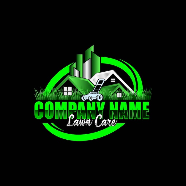 Ilustración gráfica vectorial de cuidado del césped con cortadora de césped de servicio en el hogar logotipo de fondo negro