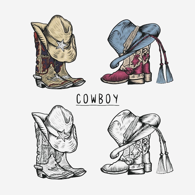 Ilustración gráfica vectorial dibujada a mano botas y sombrero de vaquero de rodeo aislados en blanco para impresión o des