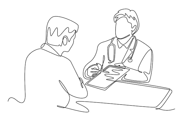 Ilustración gráfica vectorial de diseño de dibujo de línea única del médico y el paciente
