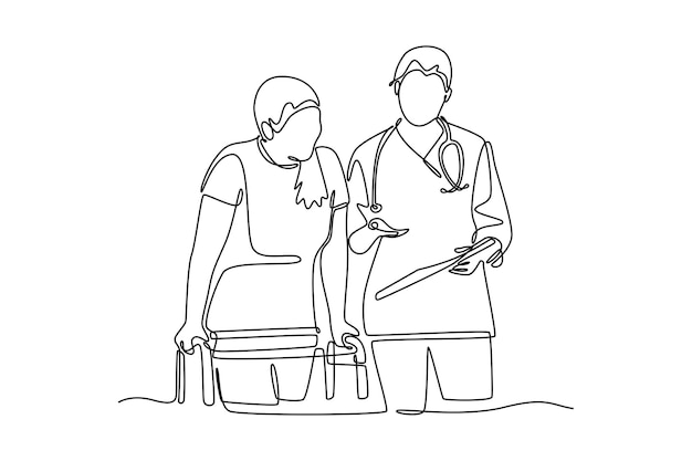 Ilustración gráfica vectorial de diseño de dibujo de línea única del médico y el paciente