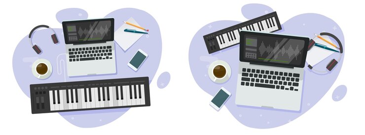 Vector ilustración gráfica vectorial, editor de audio de sonido de músico en computadora, pc y sintetizador de piano, imagen de dibujos animados plana