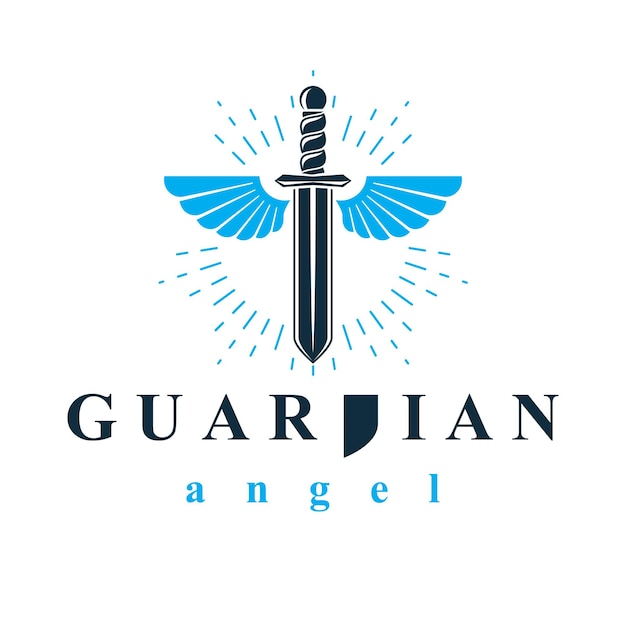 Ilustración gráfica vectorial de espada compuesta con alas de pájaro, símbolo de metáfora de guerra y libertad. Emblema abstracto del vector del ángel guardián.