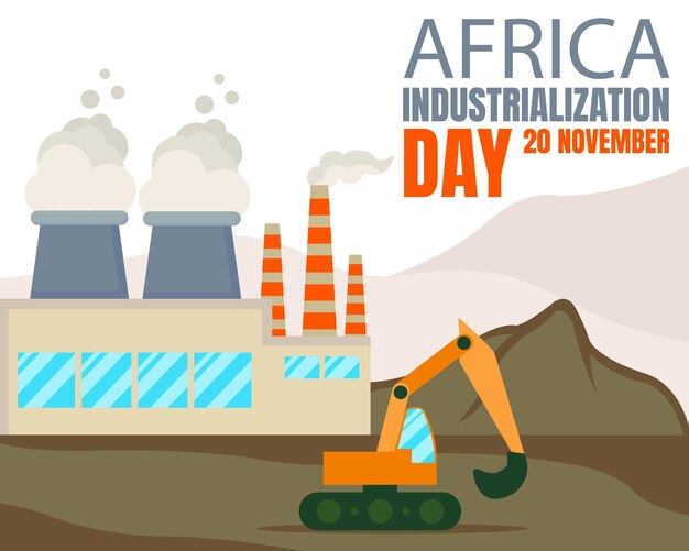 Vector ilustración gráfica vectorial de una excavadora que está operando en el territorio de una chimenea industrial