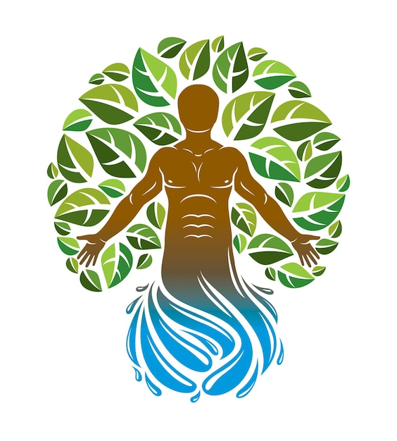 Vector ilustración gráfica vectorial de un hombre fuerte, silueta corporal que emerge de salpicaduras de agua y rodeado de hojas verdes. concepto de vida ecológica, armonía entre el hombre y la naturaleza.