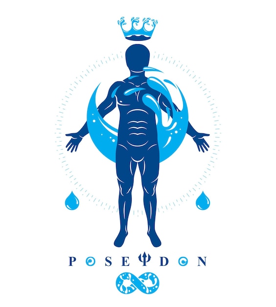 Ilustración gráfica vectorial de un hombre fuerte, silueta corporal rodeada por una bola de agua. Vivir en armonía con la naturaleza.