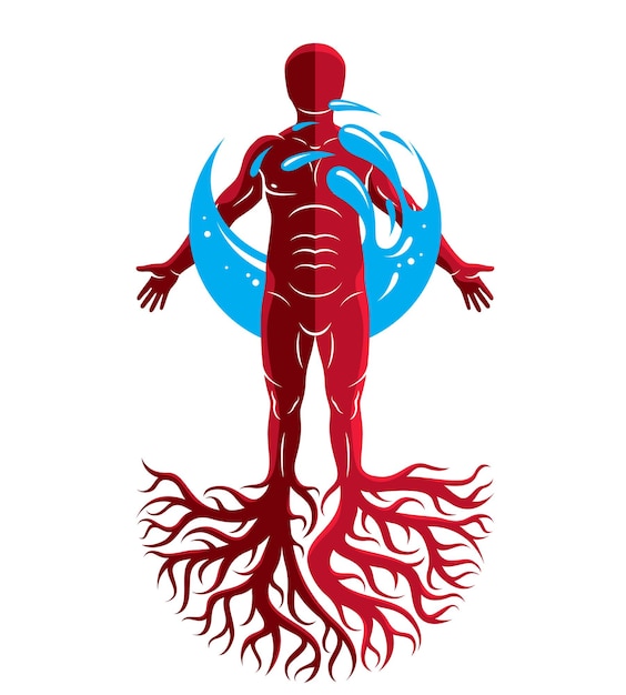 Vector ilustración gráfica vectorial de humano musculoso, individuo creado con raíces de árboles y rodeado por una bola de agua. idea de limpieza corporal, imagen temática de medicina alternativa.