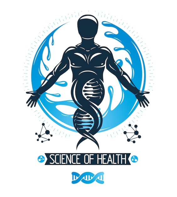 Ilustración gráfica vectorial de macho fuerte creado como modelo científico de ADN humano y rodeado por una bola de agua. Conservación y protección del medio ambiente.