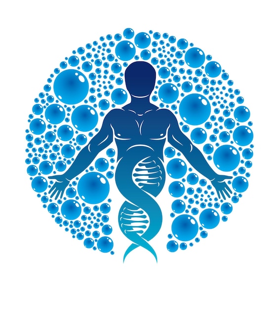 Ilustración gráfica vectorial de un macho fuerte creado como modelo científico de ADN humano y rodeado por una bola de agua. Tecnología ecológica, tecnología e interacción con la naturaleza.
