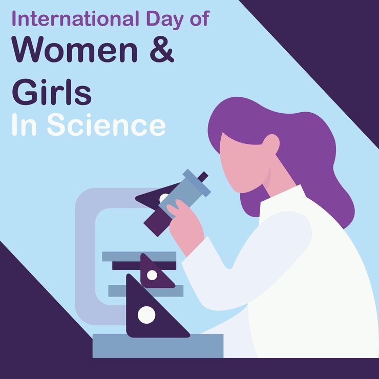 Ilustración gráfica vectorial de una mujer usando un microscopio para mirar objetos pequeños