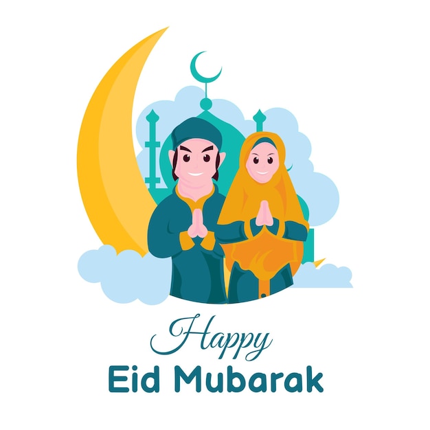 Ilustración gráfica vectorial de una pareja que le desea un feliz eid alfitr mostrando la luna y la mezquita