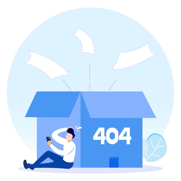 Ilustración gráfica vectorial de personaje de dibujos animados de la interrupción de la red 404