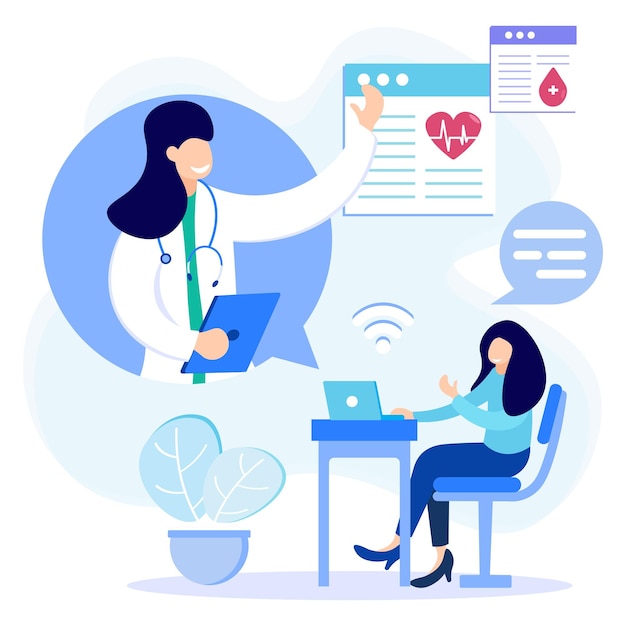 Ilustración gráfica vectorial personaje de dibujos animados de medicina en línea