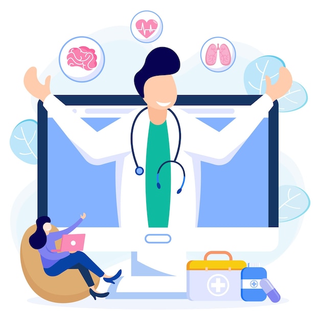 Ilustración gráfica vectorial personaje de dibujos animados de medicina en línea