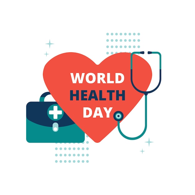 Ilustración gráfica vectorial que celebra el Día Mundial de la Salud con corazón y estetoscopio