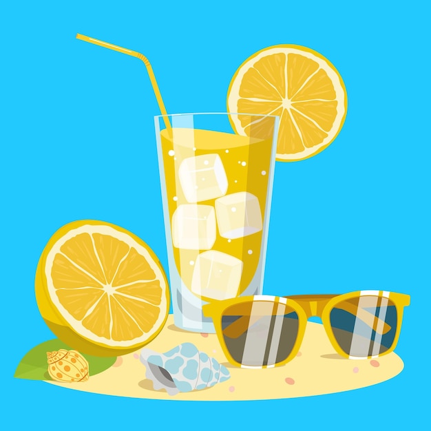 Ilustración gráfica vectorial un vaso de limonada en la playa
