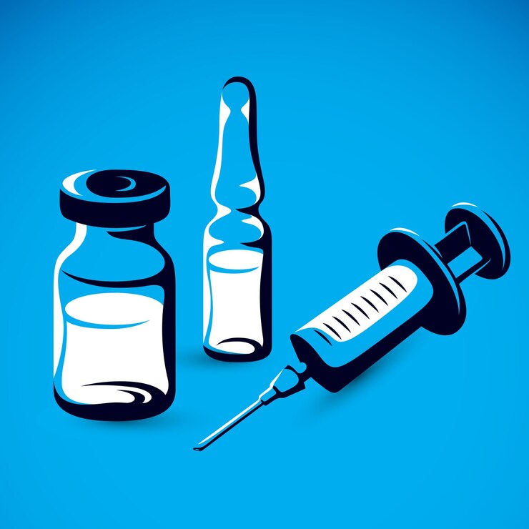 Vector ilustración gráfica vectorial de vial, ampolla con medicamento y jeringa médica para inyecciones. tema de vacunación programada.