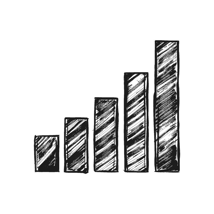 Vector una ilustración de gráfico de barras dibujada a mano en blanco y negro con las barras aumentando de izquierda a derecha