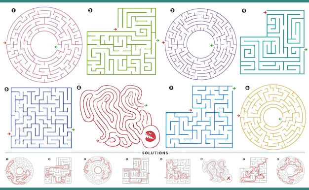 Ilustración de gráficos de actividades de rompecabezas de laberinto con soluciones