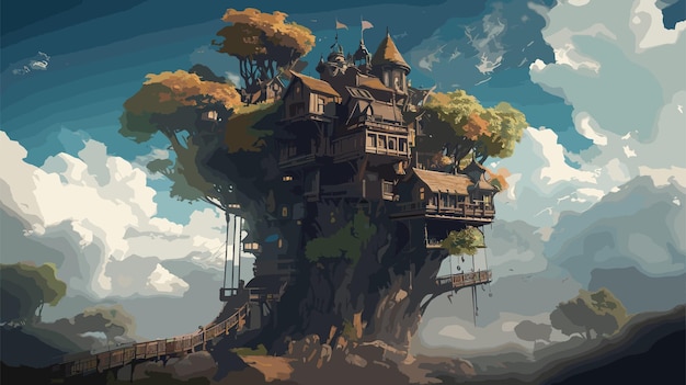 Ilustración de una gran casa en el árbol