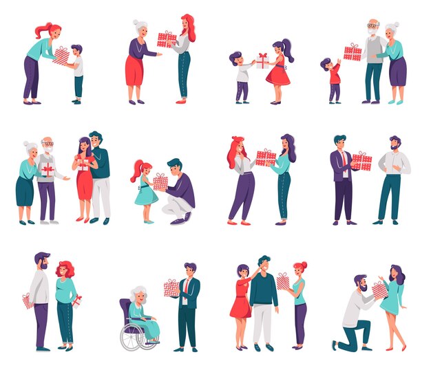 Ilustración de un gran conjunto de dar un regalo en fondo blanco