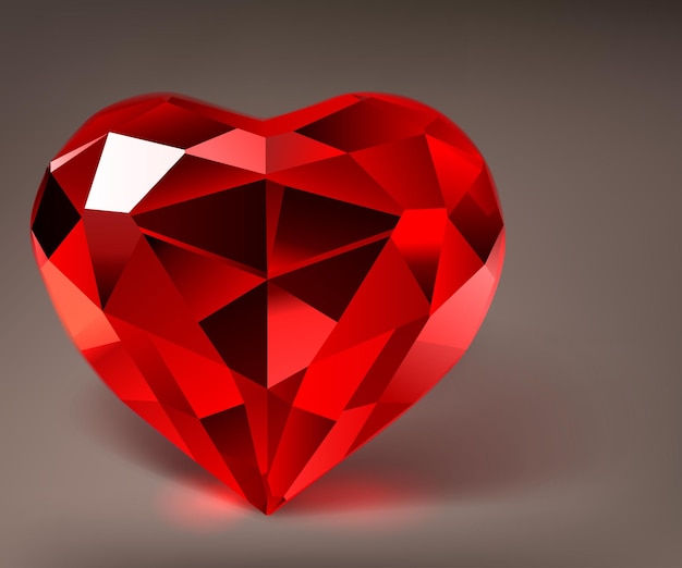 Ilustración con gran corazón facetado de cristal en colores rojos con sombra