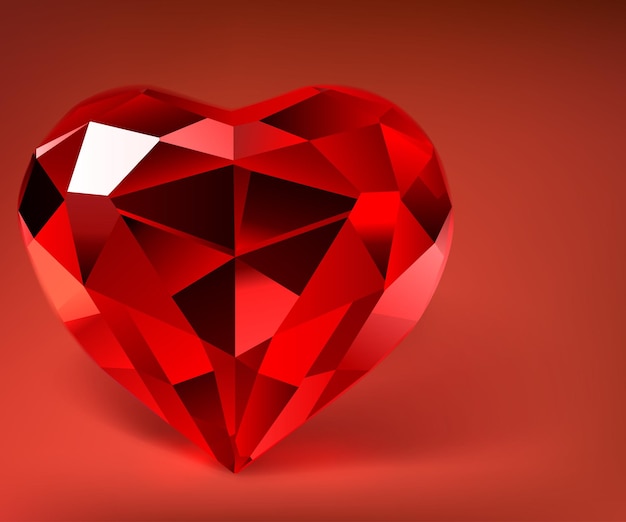 Ilustración con gran corazón facetado de cristal en colores rojos con sombra