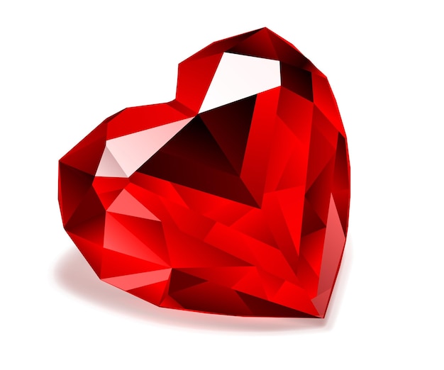 Ilustración con gran corazón facetado de cristal lateral en colores rojos con sombra sobre fondo blanco