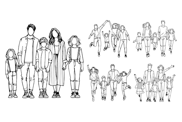 Ilustración de una gran familia alegre en arte lineal que destaca su felicidad