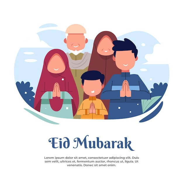 Vector ilustración de una gran familia diciendo feliz eid