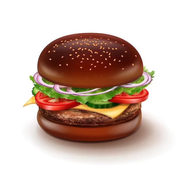 Ilustración de gran hamburguesa con queso con pan negro, sésamo, verduras, queso y empanada de ternera.