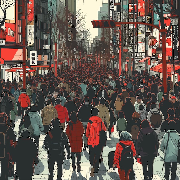Vector ilustración de una gran multitud caminando por la ciudad de tokio