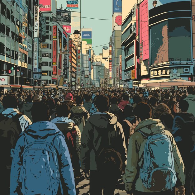 Vector ilustración de una gran multitud caminando por la ciudad de tokio