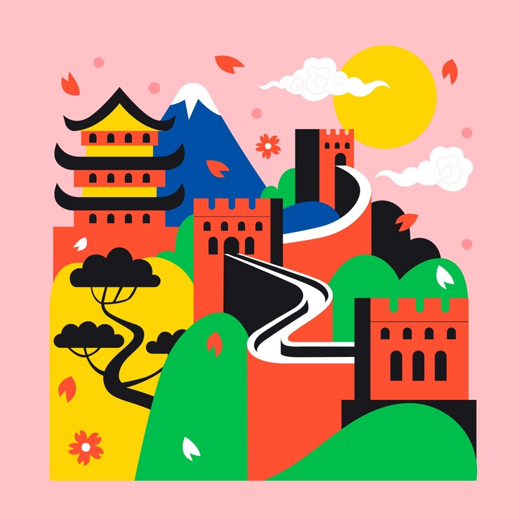 Ilustración de la Gran Muralla de China con pagoda y vista a la montaña