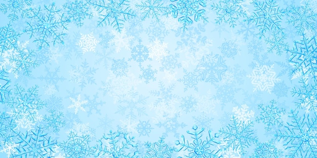 Ilustración de grandes copos de nieve de Navidad translúcidos complejos en colores azul claro, que se encuentran debajo, en el fondo con nieve que cae