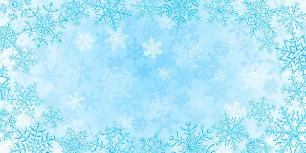 Ilustración de grandes copos de nieve de Navidad translúcidos complejos en colores azul claro, ubicados alrededor, en el fondo con nieve que cae