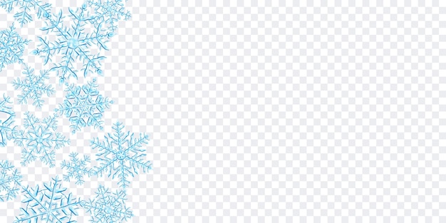 Ilustración de grandes copos de nieve de navidad translúcidos complejos en colores azul claro, ubicados a la izquierda, aislados en fondo transparente. transparencia solo en formato vectorial