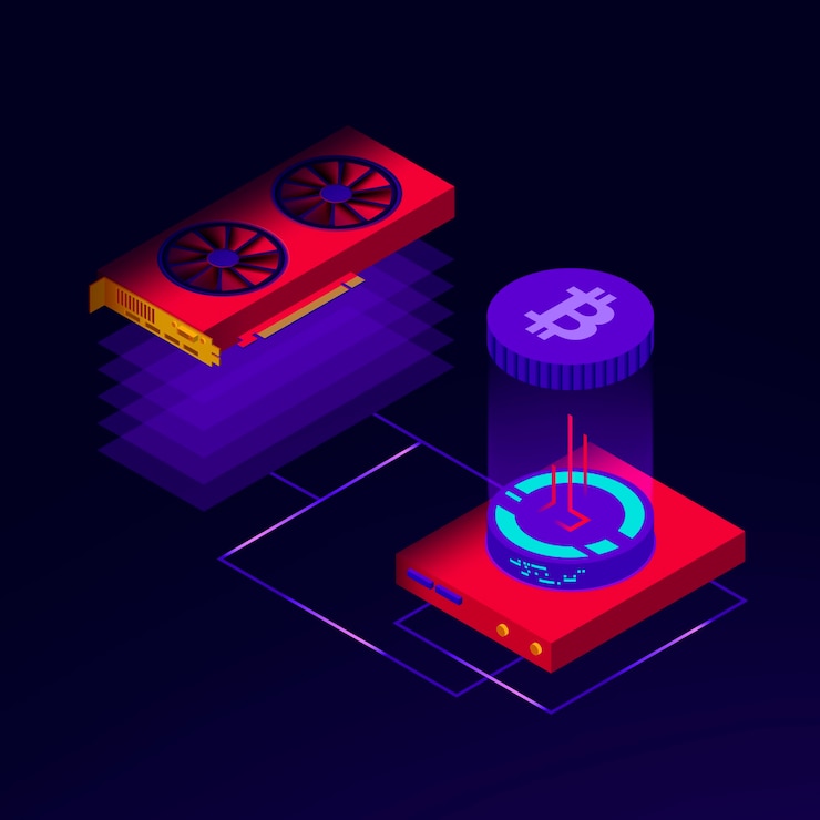 Vector ilustración de la granja minera de bitcoin y el procesamiento de big data blockchain