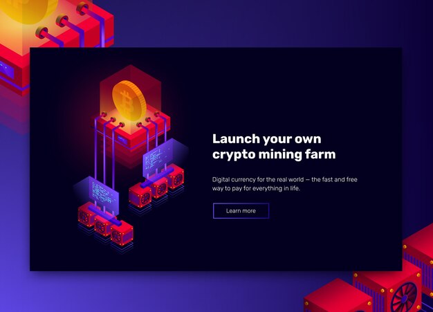 Ilustración de la granja minera de criptomonedas, procesamiento de big data para bitcoin, concepto isométrico de blockchain, banner de presentación en colores violeta y rojo