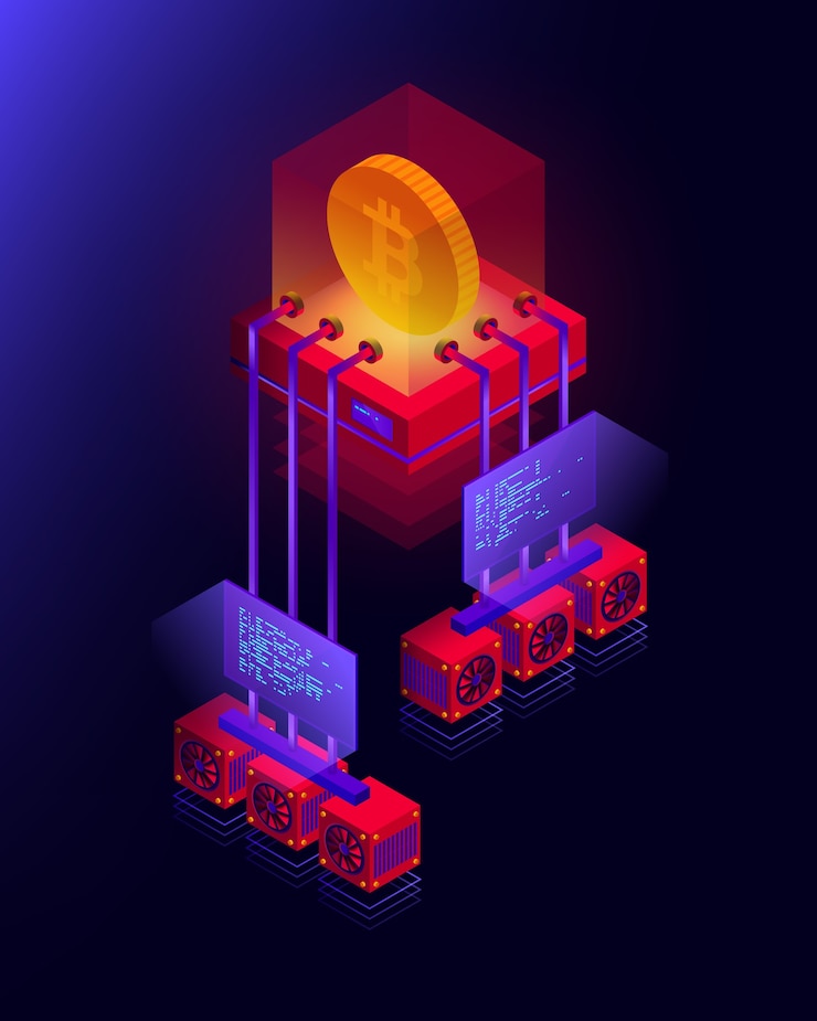 Vector ilustración de la granja minera de criptomonedas, procesamiento de big data para bitcoin, concepto isométrico de blockchain en colores violeta y rojo