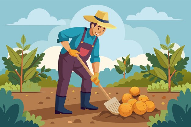 Ilustración de un granjero sonriente con un sombrero, un mono y una camisa excavando patatas con un tenedor en un campo con árboles y plantas en el fondo