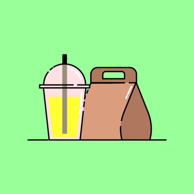 Ilustración gratuita de comida rápida en bolsas de papel y jugo suave de dring