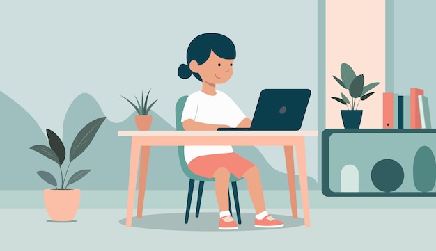 Ilustración gruesa de un niño sentado en un escritorio con una computadora portátil aprendiendo remotamente desde casa Fondo de habitación simple