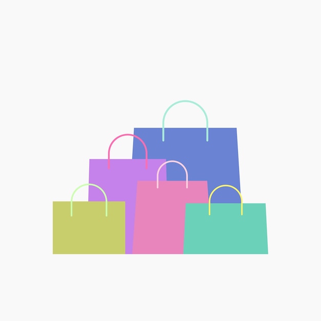 Ilustración de un grupo de bolsas de papel de compras de varios colores en un diseño plano simple sobre fondo blanco