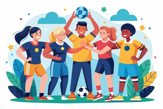 Ilustración de un grupo diverso de cinco adultos jóvenes con trajes de fútbol sonriendo y posando juntos con una pelota de fútbol rodeada de estrellas decorativas y follaje