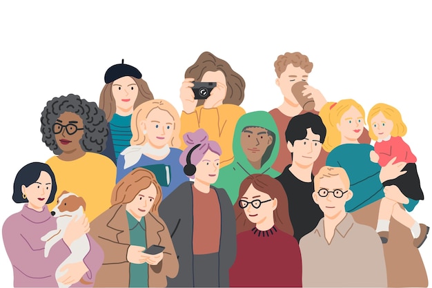 Vector ilustración de grupo diverso de personas multirraciales y multiculturales en estilo lat de dibujos animados