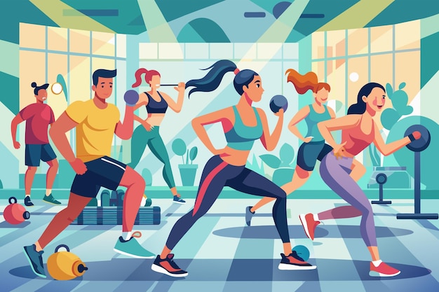 Vector ilustración de un grupo diverso de personas que participan en varios ejercicios en un gimnasio de colores brillantes con grandes ventanas y plantas algunos están levantando pesas